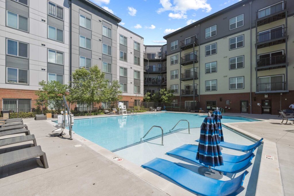 Poolside view of Rivergate Apartments